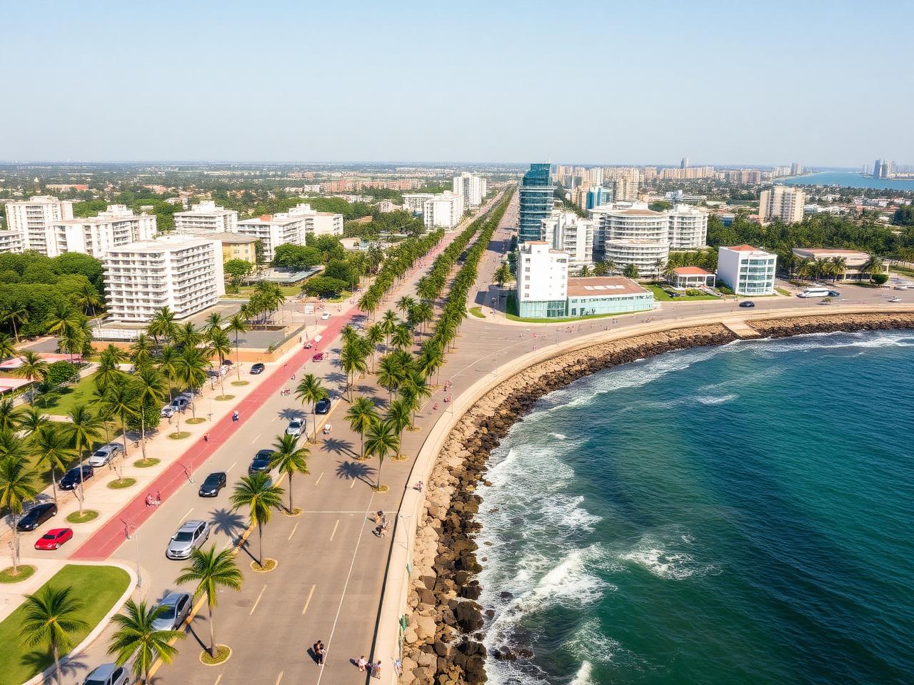 Orla urbanizada de Matinhos com avenida arborizada e o mar ao lado